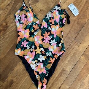 Volcom Floral One-Piece Swimsuit - Black with Pink, Orange & Green